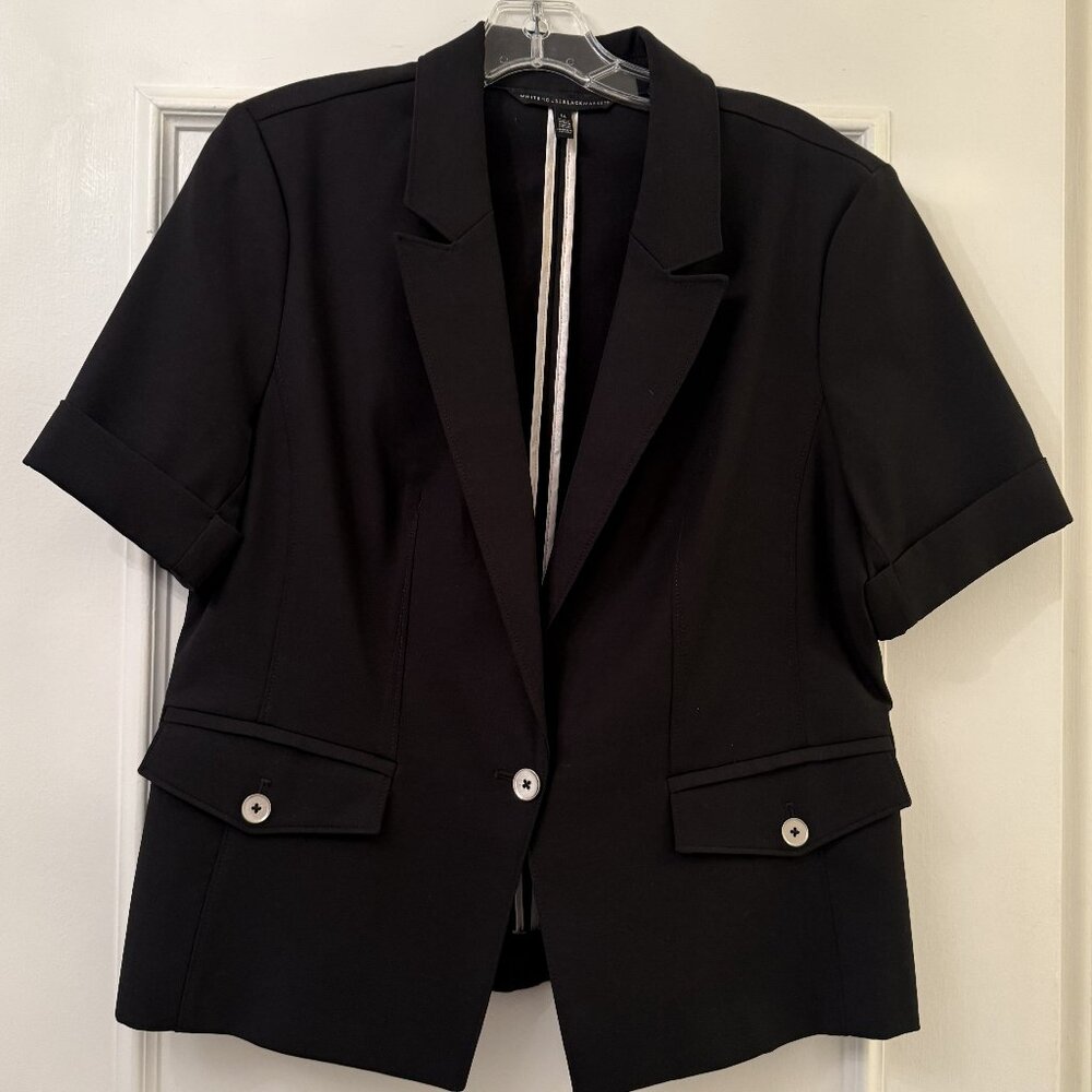 White House Black Market Blazer Jacket Size 14 Cotton Blend Black Short Sleeve